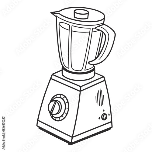 A simple black and white line drawing of a kitchen blender with a pitcher and a dial control on its base isolated on a white background