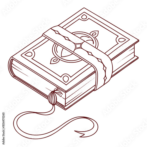 An ancient ornate closed book with a decorative ribbon holding it shut and a bookmark ribbon dangling from the side presented in a clean line art style