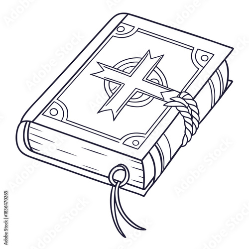 A stylized outline drawing of an ancient closed book with a cross emblem on its cover a rope binding and a ribbon bookmark symbolizing knowledge and faith
