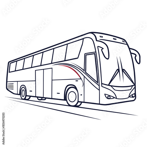 A sleek modern line art illustration of a long passenger bus with tinted windows and a distinctive red stripe accent traveling on a road