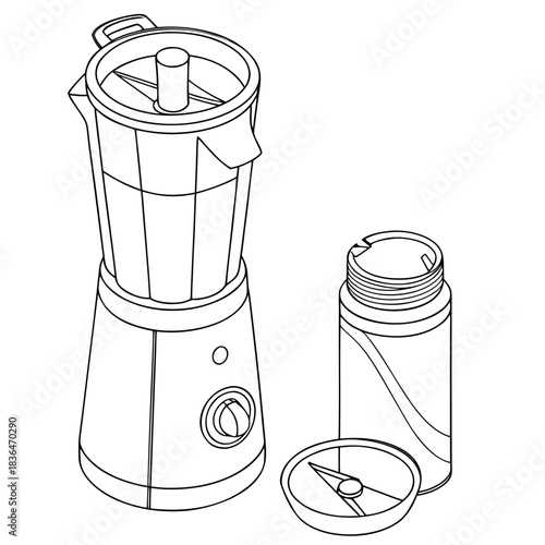 A simple line art illustration of a personal blender with a travel cup and its lid showcasing a modern kitchen appliance for healthy drinks and smoothies