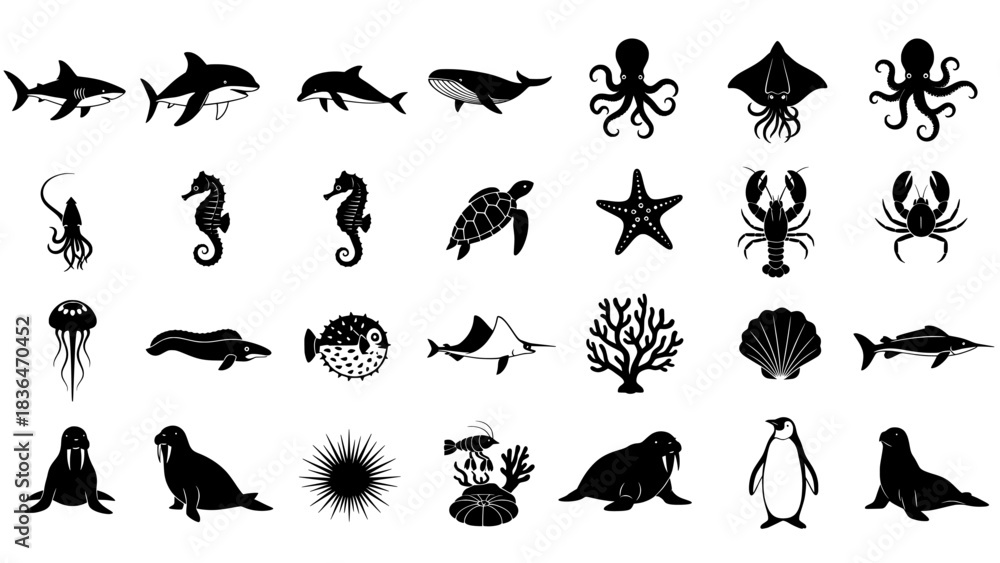 Naklejka premium Collection of various black and white sea animals marine life icons set silhouette