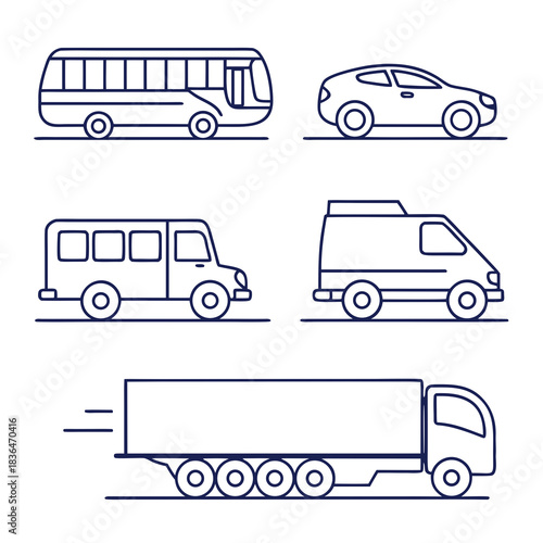 A collection of simple line art icons representing various vehicles including a bus car minivan and truck all rendered in a clean outline style on a white background