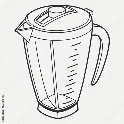 A simple black and white line art illustration of a kitchen blender pitcher with measurement markings and a handle isolated on a plain background