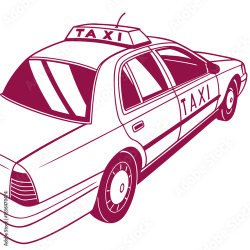 A stylized line art illustration of a classic sedan taxi cab with the word taxi displayed on its roof and side in a bold magenta outline against a clean white background