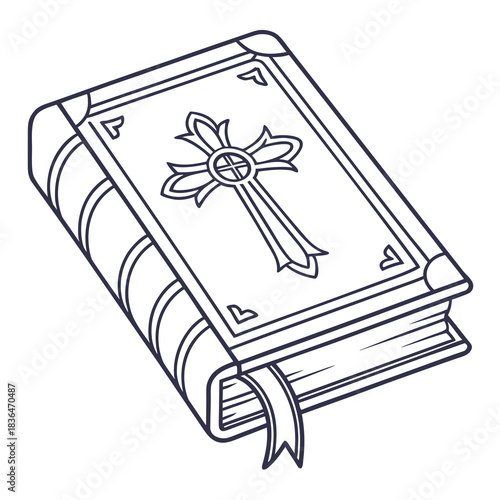 A detailed line art illustration of a closed book with a decorative cross emblem on its cover and a bookmark protruding from its pages