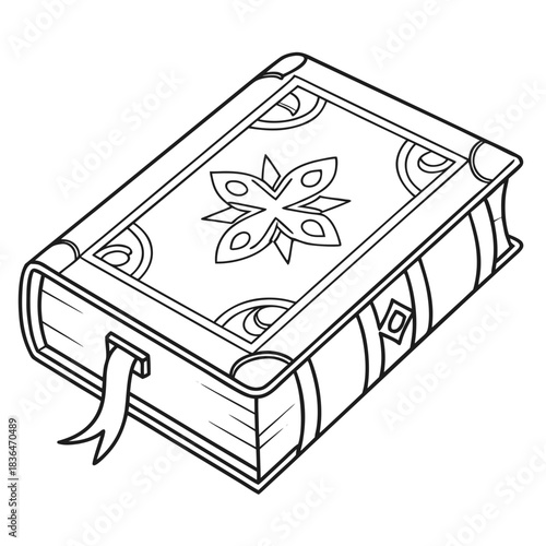 A stylized black and white line art illustration of an antique closed book with a decorative cover and a bookmark protruding from the side