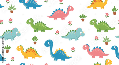 Seamless Pattern Vector of Cute Cartoon Dinosaurs in Pink, Blue, and Green, Mixed with Plants for Children's Apparel, Nursery Decor, and Prehistoric Themes