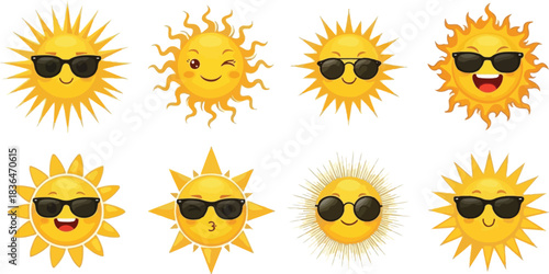 Cartoon sun characters with sunglasses summer heat and fun illustrations