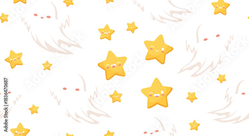Seamless Vector Pattern of Cute Cartoon Ghosts and Smiling Stars, Ideal for Child-Friendly Halloween, Nursery Decor, Pajama Prints, and Spooky Graphic Backgrounds