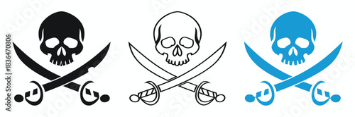 Pirate skull swords trio icon set for creative adventure design,Skull and swords crossed. Crest symbol sign. Logo design. Vector illustration image.Vector art of set of pirate skull and crossbones