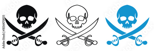 Pirate skull swords trio icon set for creative adventure design,Skull and swords crossed. Crest symbol sign. Logo design. Vector illustration image.Vector art of set of pirate skull and crossbones
