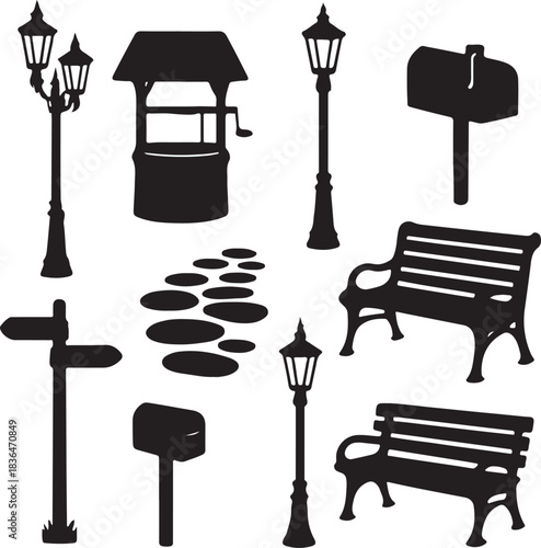 Black silhouettes of various outdoor and garden elements including street lamps, wishing wells, mailboxes, signposts, stone paths, and park benches