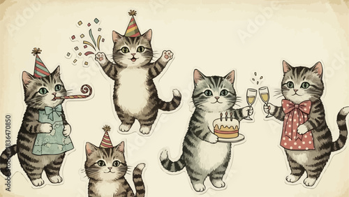 Adorable Tabby Cats Celebrating a Lively Birthday Party Together.