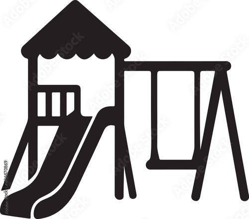 Children playground structure slide and swing icon recreation and outdoor fun equipment vector silhouette illustration