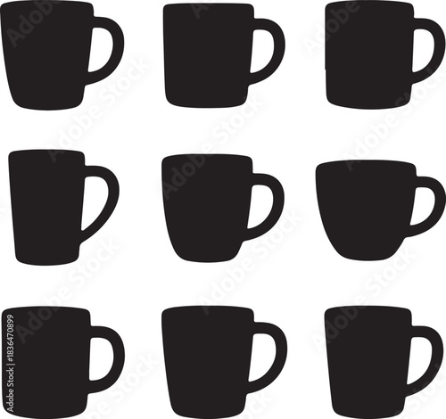 Coffee mugs black silhouette vector icons set minimalist style