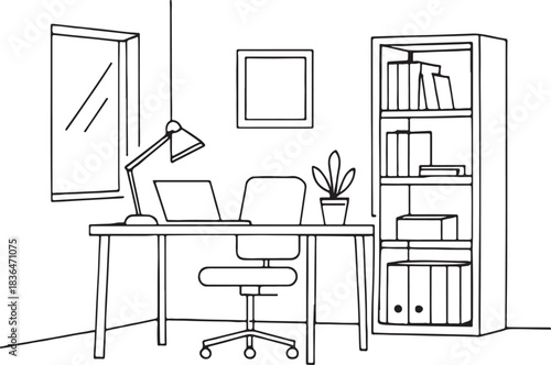 Minimalist office interior line art design with desk and bookshelf