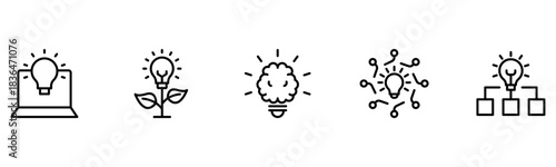 Light vector web line icons depicting light bulbs, ideas, innovation, creativity, and illumination for inspired thinking and solutions.