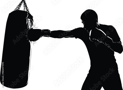Silhouette of a boxer punching a heavy bag with a strong straight punch