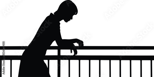 Silhouette of a person leaning a balcony railing looking down in contemplation against a bright
