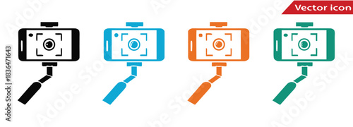 Capture perfect moments with modern selfie stick phone icons.Monochrome selfie stick with smartphone icon vector illustration. Minimalist modern electronic device mobile phone display