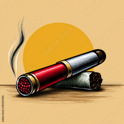 Vintage illustration of an e-cigarette and a cigarillo, red and silver colors, representing vaping and tobacco products
