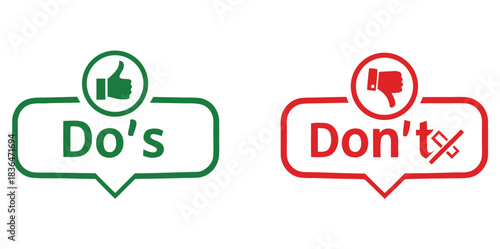 Do's and don'ts icon. to do and not to do symbol for guidelines and rules list.Dos and donts like thumbs up or down. Like or dislike index finger sign. Thumb up and thumb down sign - stock vector