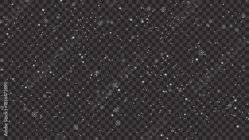 Snowfall background, white snowflakes vector, winter cold weather design. Many falling snow flake elements on transparent background,