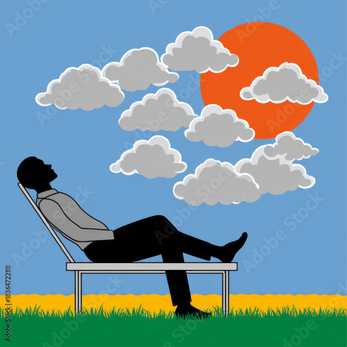 Silhouette of a man, feeling peaceful, relaxing on a lounge chair against a sunny sky background