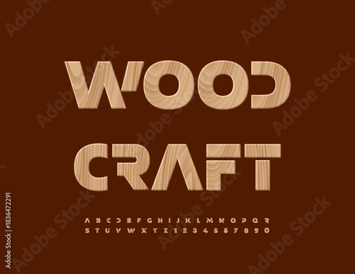Vector Eco template Wood Craft with Unique Font. Tree pattern set of Alphabet Letters and Numbers