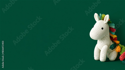 緑の背景に置かれたカラフルなたてがみを持つ白い馬の編みぐるみ generative ai