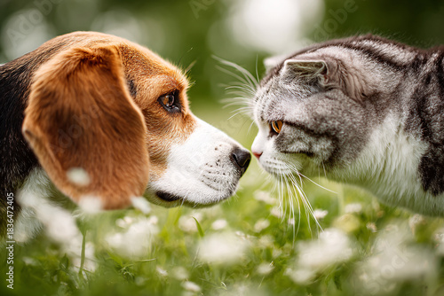 A low angle eye-level shot of a Beagle dog and a Scottish Fold cat gently touching noses in a greeting gesture. Green grass background with soft bokeh flowers. 
