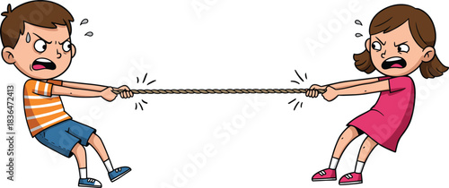 Angry boy and girl tug-of-war competition, children struggling with intense effort, vector drawing.