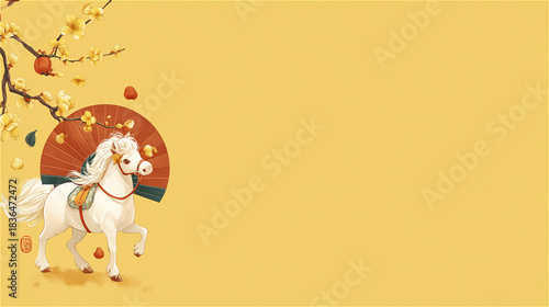 梅の花と赤い扇子を背景にした白い馬の和風イラスト generative ai