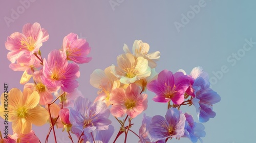 Colorful flowers in shades of pink purple and white burst forth creating a vibrant display against a gentle blue backdrop on a sunny spring day.