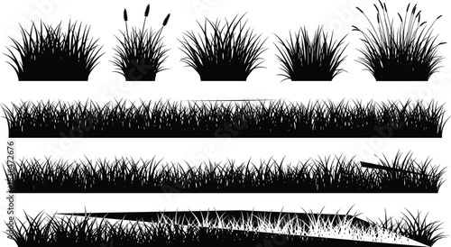 Black grass silhouette collection, variety of bushes and borders, vector art design.