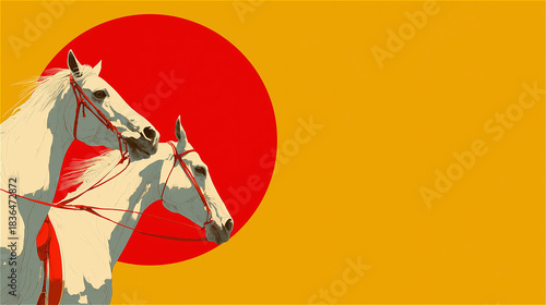 黄色い背景と赤い円を背にした二頭の白い馬のイラスト generative ai