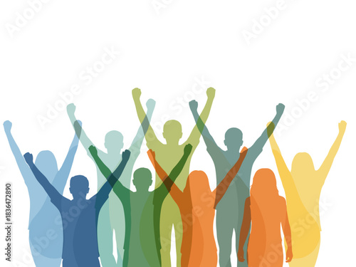 Colorful silhouettes of diverse people celebrating with raised arms  