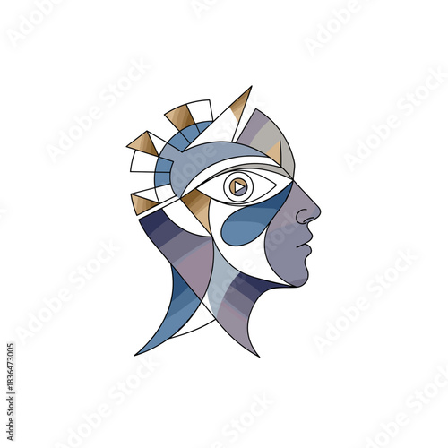 Abstract portrait of a human head with geometric patterns in blue  