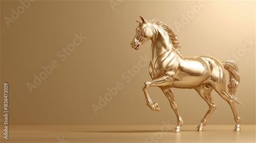 金色の背景に佇む豪華で光沢のある美しい黄金の馬の彫像 generative ai