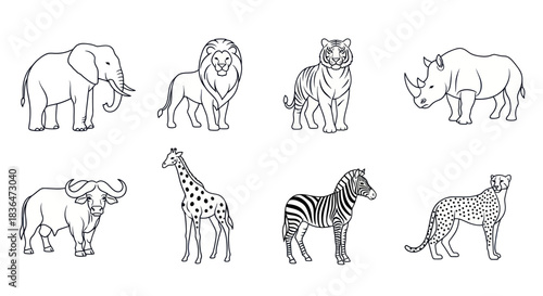 A collection of African wild animals depicted in simple vector line art style.