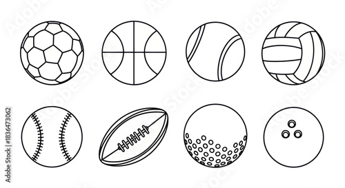 Collection of outline sports balls on a white background