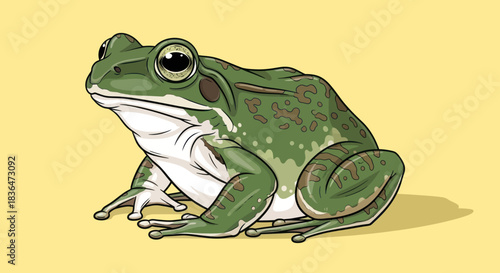Cartoon green frog illustration on a yellow background.