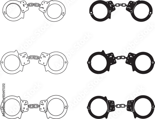 Four pairs of handcuffs in black Silhouette and white line art illustration