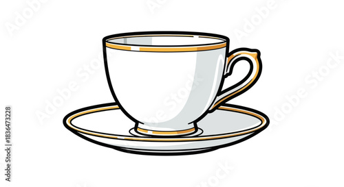 White teacup and saucer with gold trim