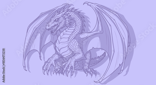 Fantasy dragon illustration with wings spread on a lavender background.
