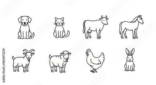 Set of cute farm and domestic animal icons