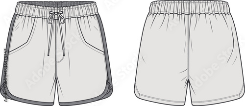 Athletic shorts front back view, curved hem design, drawstring waistband, sporty fashion illustration, activewear apparel, modern clothing template