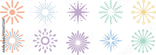 Vector sunburst icons design showing ten minimalist sunbursts including peach rectangular rays, blue circular tip rays, lavender starburst with circles, teal zigzag rays, yellow circular rays, 