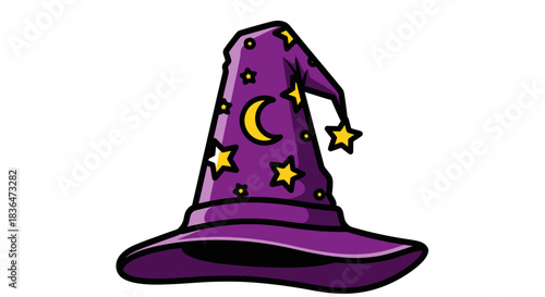 Purple wizard hat decorated with stars and a moon